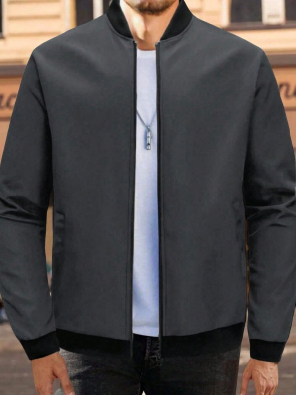 Dark Grey Casual Men's Outdoor Slim Fit Baseball Jacket